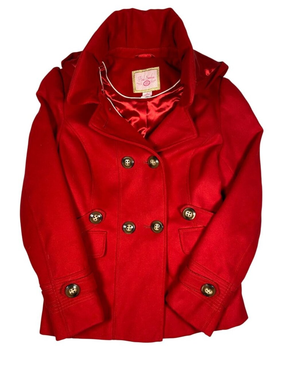 Pink Envelope Girls Red Double-Breasted Hooded Peacoat  L Polyester Winter Coat